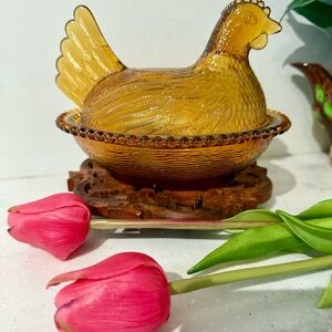 Amber Glass Hen on a nest Decorative Bowl